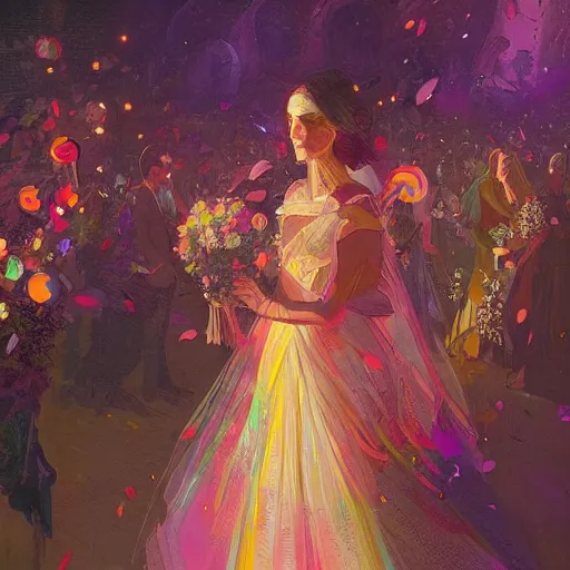 Prompt: colorful illustration of lady at a wedding, intricate complexity, by greg rutkowski,. 4 k, beautiful, cinematic dramatic atmosphere