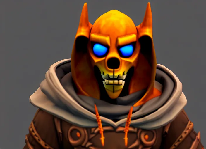 Image similar to hooded skull, with oni face mask, stylized stl, 3 d render, activision blizzard style, hearthstone style, crash bandicoot artstyle