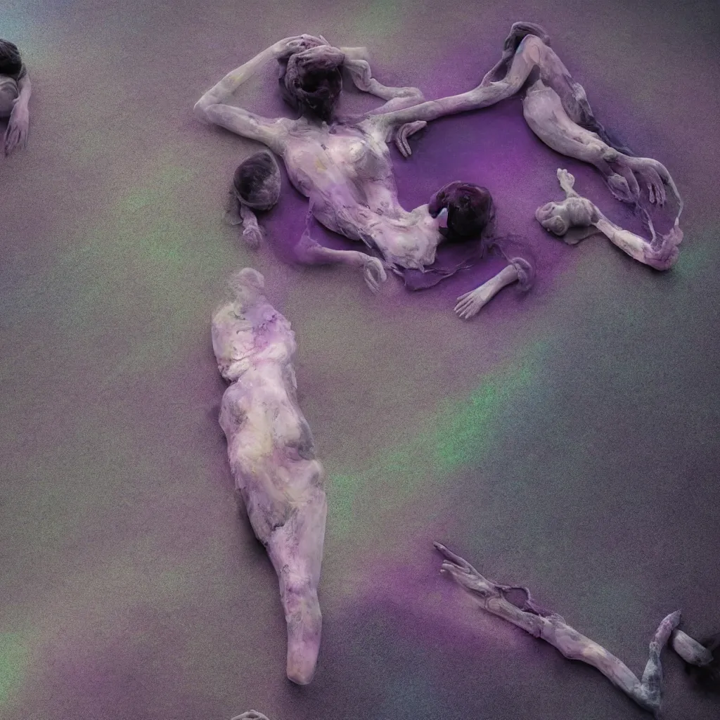 Image similar to macro of iridiscent oil spill with women corpses connected by cables and computers to wax forms to a buried baby relaxing on yoga mat, faded, iridiscent gradient, dust, purple fog, depth of field, by nadav kander and hans bellmer, 8 k, ultrarealistic, sad atmosphere, cinematic