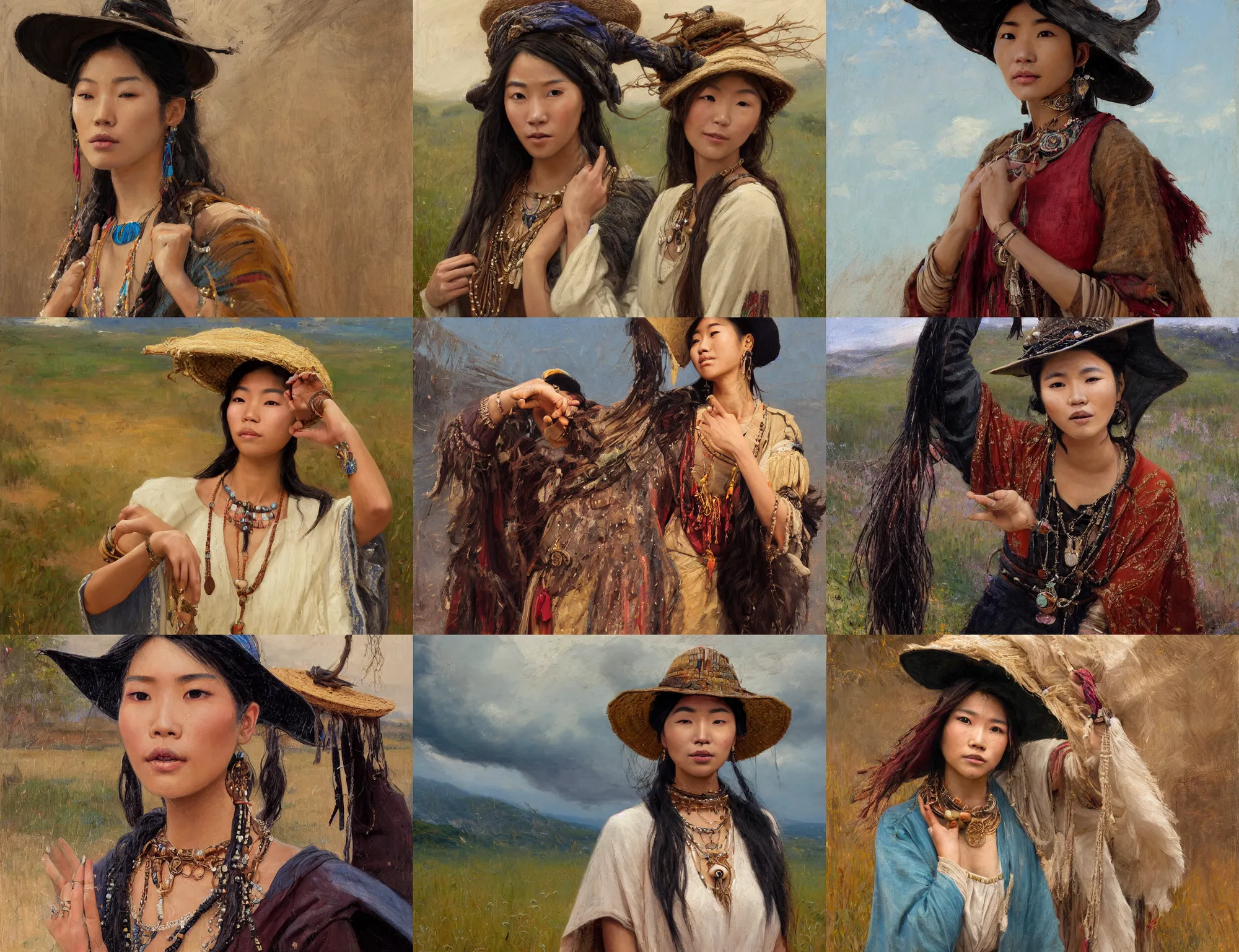 Prompt: portrait of medieval farmer fashionable young asian woman with wooden jewelry, frantic dancing pose, deep decollete, mediterranean features, wearing rich jewerly and hat and boho poncho, shaman witch, fantasy character close up portrait, low view, extremely strong wind, thunder clouds in the sky, artwork by Jeremy Lipkin and Giuseppe Dangelico Pino and Michael Garmash and rob rey, levitation, industrial rusty pipes, simple form, brutal shapes