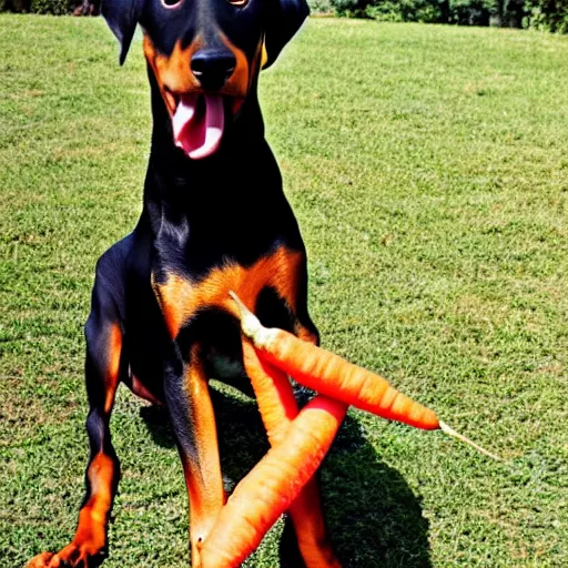 Prompt: doberman dog eating a carrot, photo