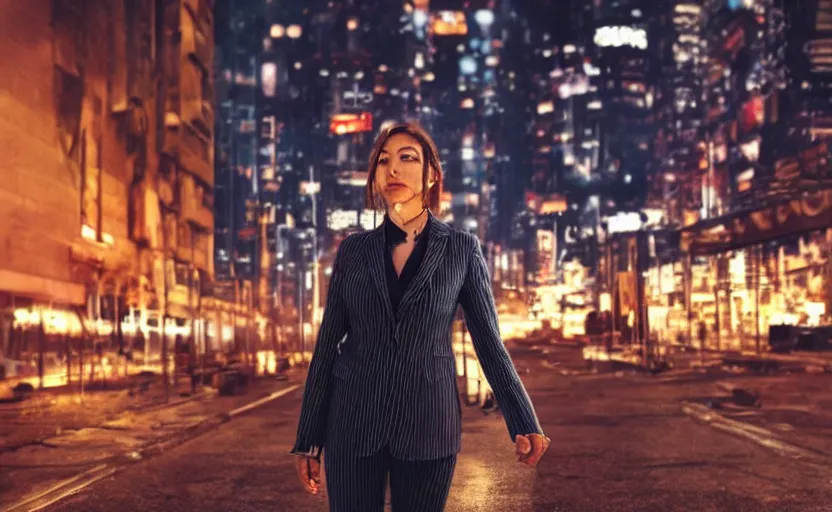 Prompt: a wide shot of a woman with a wool suit, wearing an omega speedmaster on her wrist in a dystopian city at night with cyberpunk lights