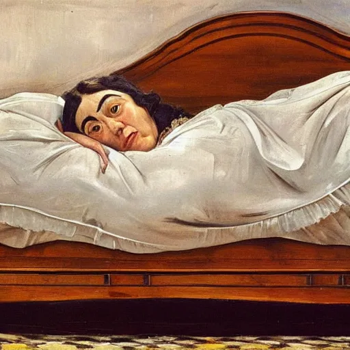 Image similar to painting of ema stone on a victorian bed in a big old room, wide shot by lucian freud