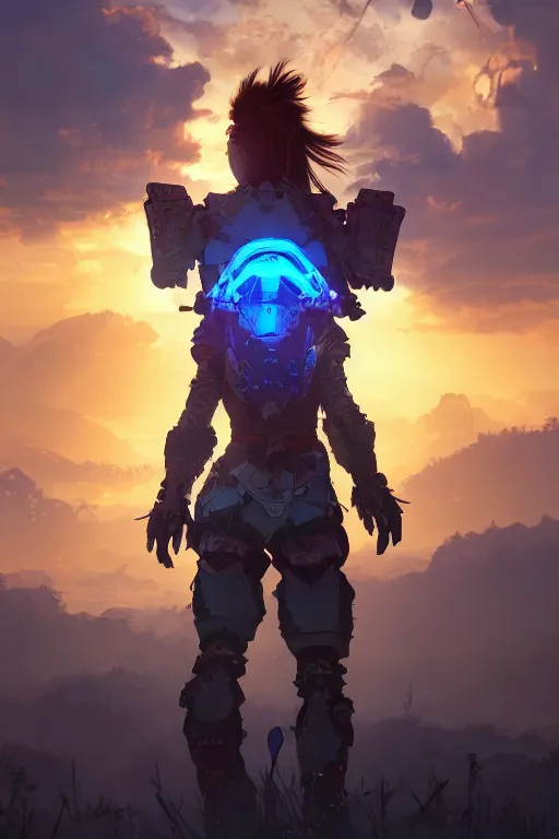 Image similar to combination suit armor aloy horizon forbidden west horizon zero dawn radiating a glowing aura global illumination ray tracing hdr fanart arstation by ian pesty and alena aenami artworks in 4 k tribal robot ninja mask helmet backpack