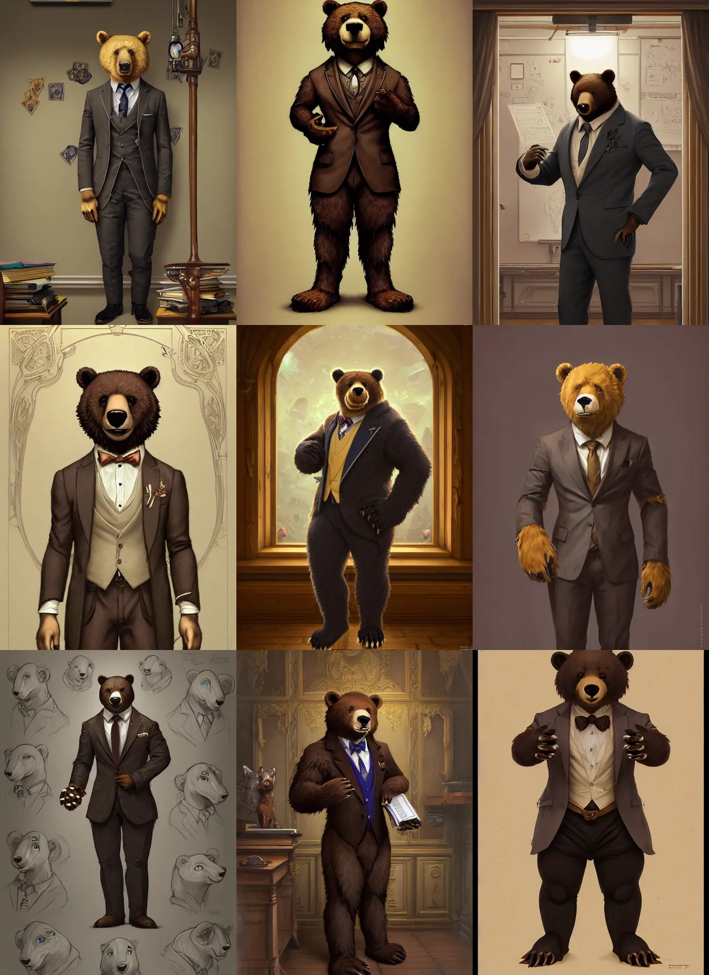 Prompt: full body photograph of a male anthropomorphic bear fursona wearing a nice suit in a school classroom, deep focus, intricate, elegant, highly detailed, digital painting, artstation, concept art, matte, sharp focus, illustration, d & d, fantasy, hearthstone, art by artgerm and greg rutkowski and alphonse mucha