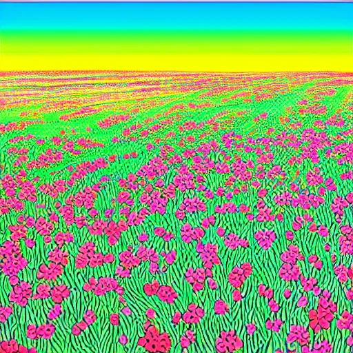 Image similar to a beautiful painting of a field of flowers atop a plateau overlooking a large beach by hiroshi nagai and hirohiko araki, detailed line art, vaporwave color scheme