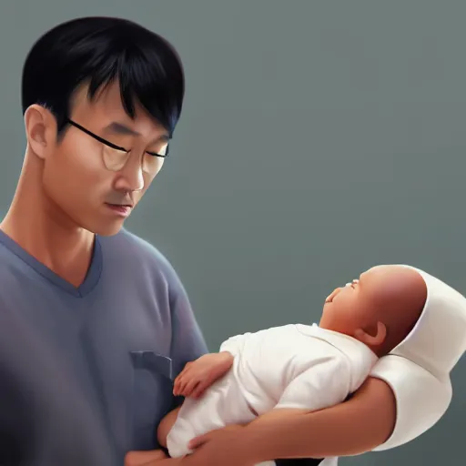 Image similar to asian man can ’ t believe his eyes as he holds a black baby at the hospital, artistic render, pixar art, trending on artstation