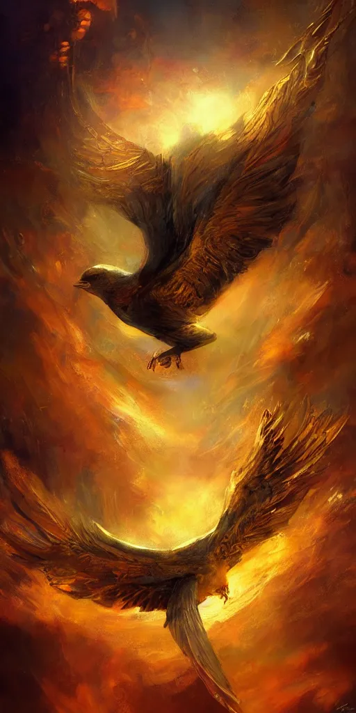 Prompt: a painting of a golden bird flying through the sky, poster art by raymond swanland, deviantart, fantasy art, wiccan, deviantart, mystical