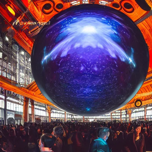 Image similar to high quality professional canon wide - angle lens photo of large scale immersive public art installation inside printworks london venue width large led screen on top, mirror on floor and big sphere for video projection on center. stage design by es devlin. installation about deep nebula space and proto planet.