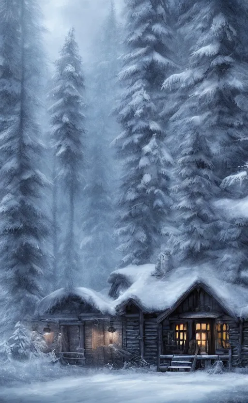 Prompt: a dark fantasy concept art of a snowy forest with a single cabin in the woods, with lights on in the cabin, dynamic lighting, cinematic, ultra detailed, trending on art station, stunning visuals, atmospherical, ambient lighting, realism, lonely vibe