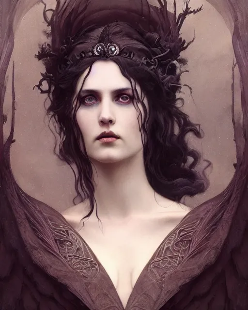 Image similar to a portrait of the Raven Queen, otherworldly beautiful, large dark eyes, dark magic, illustration, dramatic lighting, soft details, painting oil on canvas, art nouveau, octane render, HDR, 4k, 8k, HD, by Edmund Blair Leighton, Brom, Charlie Bowater, trending on artstation, Tom Bagshaw faces by otto Schmidt