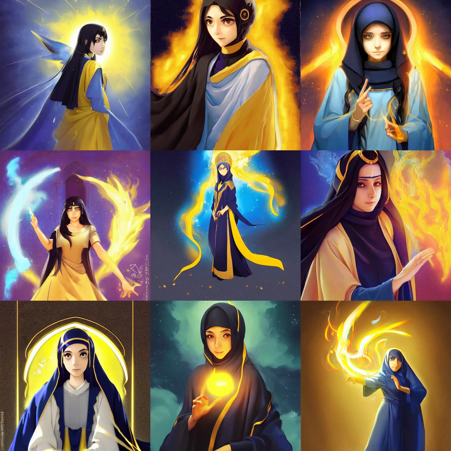 Prompt: portrait of a middle - eastern female cleric with straight black hair wearing blue and yellow vestments summoning a fireball, half body, single subject, ambient lighting, highly detailed, digital painting, trending on pixiv fanbox, studio ghibli, extremely high quality artwork, art by ross tran and artgerm and makoto shinkai