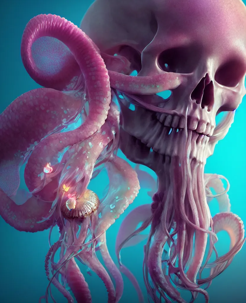 Image similar to goddess close - up portrait human skull, ram skull, squid phoenix jellyfish, orchid, betta fish, bioluminiscent, intricate artwork by tooth wu and wlop and beeple. octane render, trending on artstation, greg rutkowski very coherent symmetrical artwork. cinematic, hyper realism, high detail, octane render, 8 k