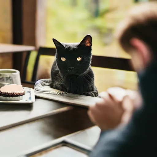 Prompt: a sinister cat sitting on a lap of a man looking at a chocolate cake on a table, photography, award - winning, hyper detailed, 4 k, smooth, sharp focus, trending