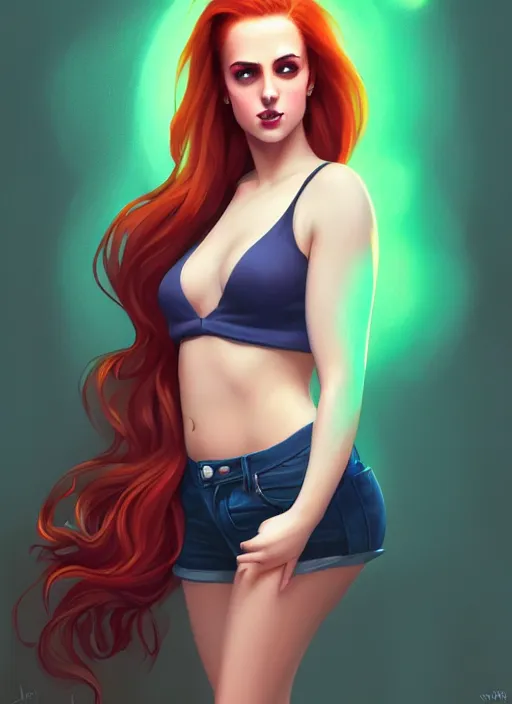 Image similar to full body portrait of teenage cheryl blossom, bangs, green eyes, mischievous expression, red hair, sultry smirk, bangs and wavy hair, intricate, elegant, glowing lights, highly detailed, digital painting, artstation, concept art, smooth, sharp focus, illustration, art by wlop, mars ravelo and greg rutkowski