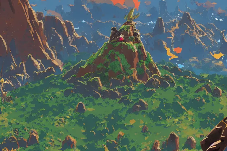 Image similar to detailed death mountain scenery from the legend of zelda breath of the wild, breath of the wild art style.