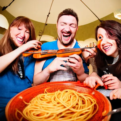 Image similar to laughing drunk people eating spaghetti and playing violins. highly detailed flash photography. fisheye lens