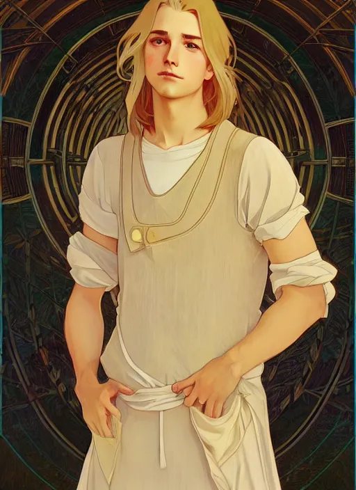 Image similar to pretty young man with shoulder length shiny shimmering golden blond hair, path traced, highly detailed, high quality, digital painting, by studio ghibli and alphonse mucha, leesha hannigan, disney