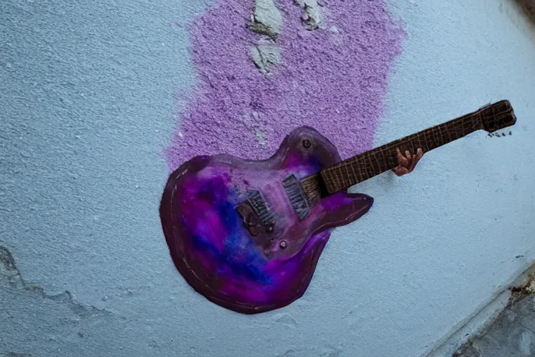 Image similar to dripping purple faded paint across the shape of a human playing guitar, realistic, extremely detailed, coming out of the ancient wall