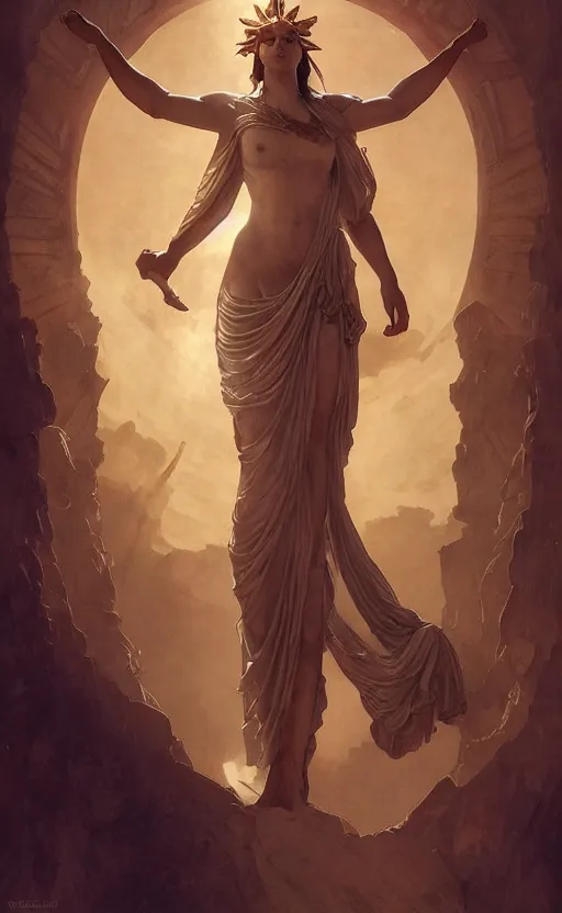 Prompt: solarpunk four armed statue of the goddess of the sun helios descending from olympus, four arms, dramatic lighting, flowing dress, artstation, concept art, smooth, sharp focus, illustration, art by artgerm and greg rutkowski and alphonse mucha and william adolphe bouguereau and john william waterhouse and gianlorenzo bernini