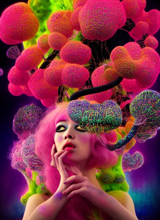 Image similar to hyper detailed 3d render like a Oil painting - kawaii Aurora (Singer) seen Eating of the Strangling network of colorful yellowcake and aerochrome and milky Fruit and Her delicate Hands hold of gossamer polyp blossoms bring iridescent fungal flowers whose spores black the foolish stars by Jacek Yerka, Mariusz Lewandowski, Houdini algorithmic generative render, Abstract brush strokes, Masterpiece, Edward Hopper and James Gilleard, Zdzislaw Beksinski, Mark Ryden, Wolfgang Lettl, hints of Yayoi Kasuma, octane render, 8k