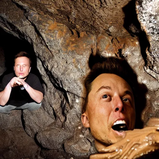 Prompt: photo inside a cavern of a wet reptilian humanoid rapper elon musk partially hidden behind a rock with black eyes open mouth and big teeth