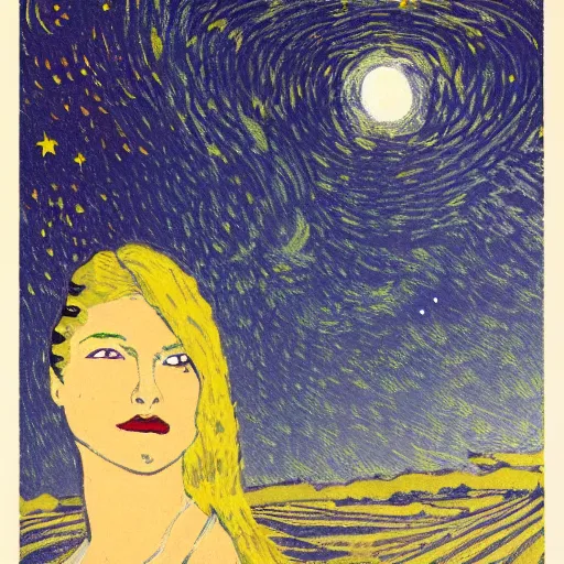 Image similar to spaceghost coast to coast by robert antoine pinchon. a beautiful print of a woman with long flowing hair, wild animals, & a dark, starry night sky.