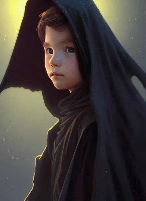 Prompt: perfectly - centered - portrait of a kid wearing black cloak holding light saber, intricate, highly detailed, digital painting, artstation, concept art, smooth, sharp focus, illustration, unreal engine 5, 8 k, art by artgerm and greg rutkowski and alphonse mucha and sam spratt