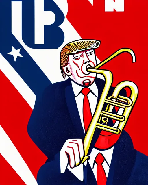 Image similar to painting portrait of trump as a trumpet, cartoon, warm lighting, trump has an trumpet, movie poster, illustration by bartek fedyczak, erak note, tooth wu, neil richards, kan liu, siwoo kim, jisu choe, trending on art station