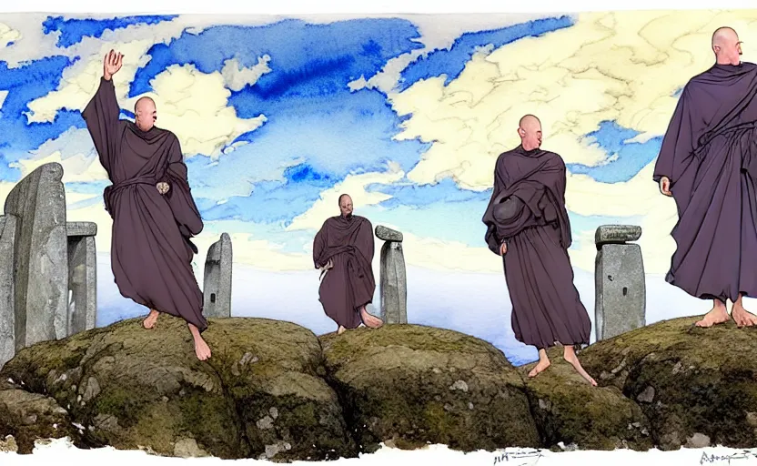 Image similar to a hyperrealist watercolour concept art of a group of medieval monks in grey robes levitating a huge flat rock in the air over their head. a large stonehenge moneument is in the sky. by rebecca guay, michael kaluta, charles vess and jean moebius giraud. high detail, hq, wide shot