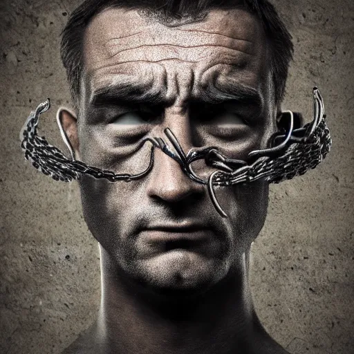 Image similar to illustration of a angry man, created using metal staples, photograph, studio lighting, high quality, high resolution, 3 d illustration, concept art