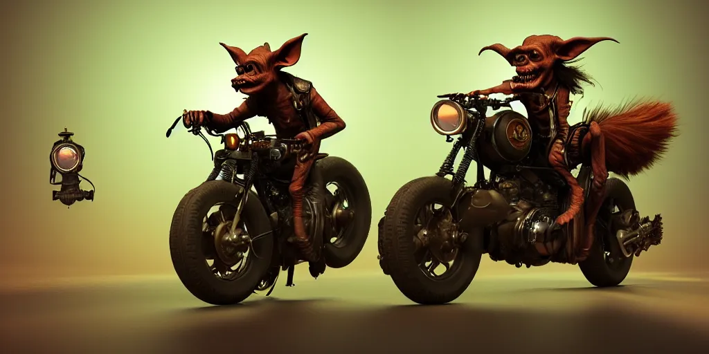 Image similar to a goblin riding a steampunk motorcycle, volumetric light, hyperdetailed, artstation, cgsociety, 8k