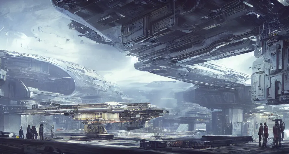 Prompt: a photo of a detailed science-fiction freight wide open architectural multi-level spaceship docking bay with balconies overlooking a nature freight yard overtaken by nature, with people working, looking out into space, 4k, unreal engine, concept art, matte painting, cosmic horror, nightmare,