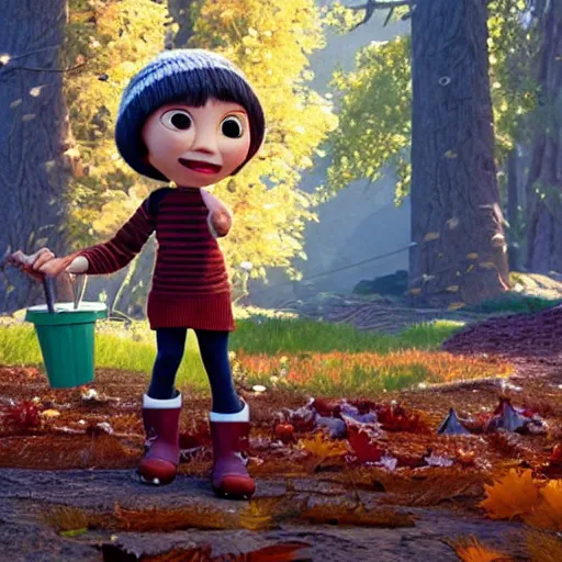 Image similar to a cute stopmotion animation character, a beautiful canadian woman, gardening, very attractive, spiky dark brown and grey hair, striped sweater, tight denim jeans, maroon doc marten boots, canadian maple leaves blowing about, mountains, autumn, unreal engine 5, 8 k, kubo and the two strings, disney, pixar,