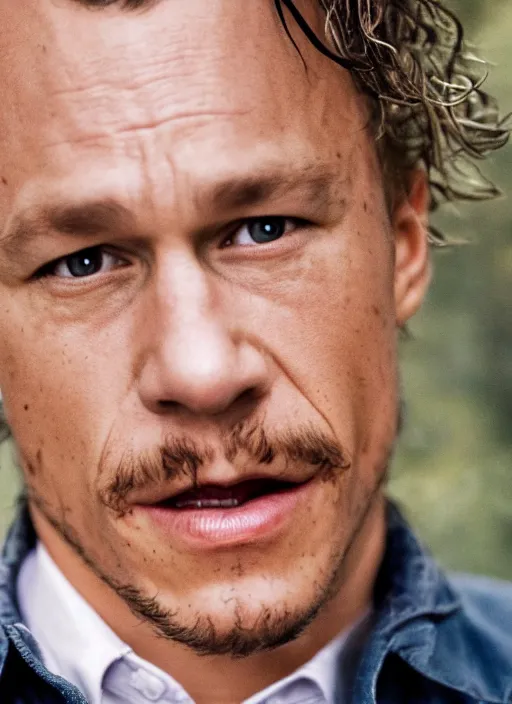 Prompt: DSLR photo portrait still of 43 year old age 43 Heath Ledger at age 43!!!, 85mm f1.8
