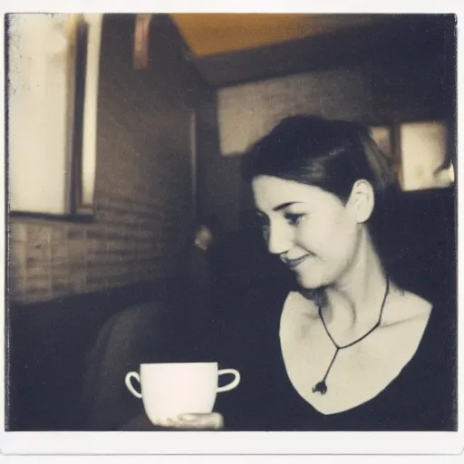 Image similar to a very beautiful old Polaroid picture of a young women drinking coffee inside a coffee shop, award winning photography