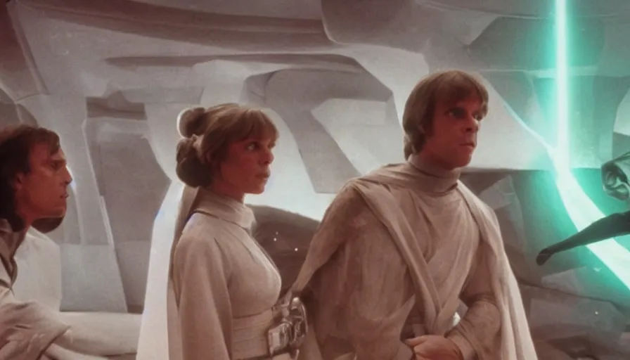 Image similar to screenshot portrait of Luke Skywalker and Princess Leia, facing off against an incredibly haunting female sith lord in white, on a sith planet of purple magic maelstrom, iconic scene from the 1970s sci fi thriller film by Stanley Kubrick, HR Geiger, stunning cinematography, hyper-detailed, sharp, anamorphic lenses, kodak color stock, 4k, stunning