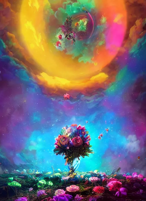 Image similar to An epic fantastic realism comic book style painting of the most beautiful spinning flowers floating into the dark cosmos, exquisite bouquets, fisheye, a star explodes into rainbows, unreal 5, DAZ, hyperrealistic, octane render, dynamic lighting