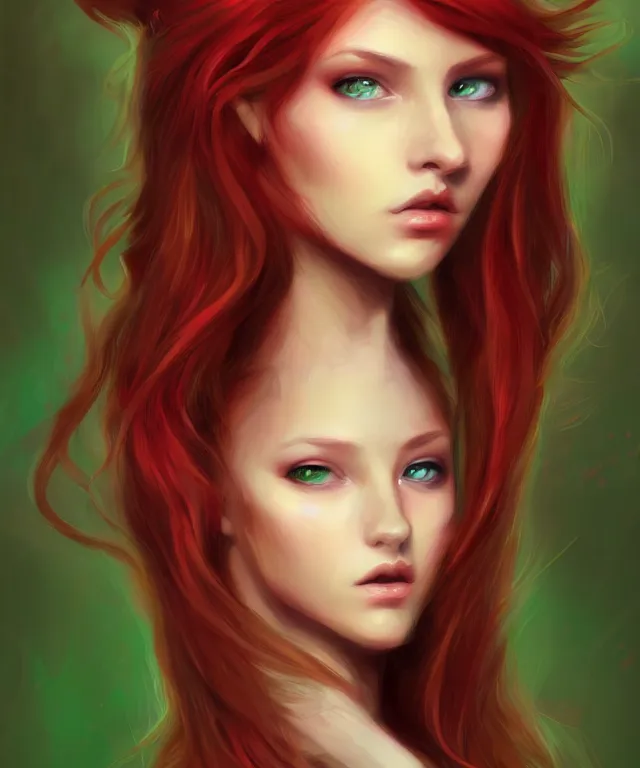 Image similar to Fae teenage girl, portrait, face, long red hair, green highlights, fantasy, intricate, elegant, highly detailed, digital painting, concept art