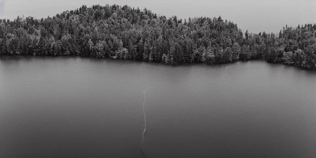 Image similar to centered photograph of a infintely long rope zig zagging across the surface of the water into the distance, floating submerged rope stretching out towards the center of the lake, a dark lake on a cloudy day, color film, trees in the background, hyper - detailed photo, anamorphic lens