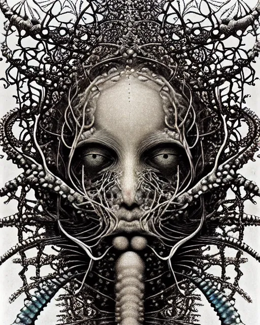 Image similar to realistic detailed underwater face portrait of the beautiful young god of the fish of the fractal waters with an intricate headgear of corals, sea kelp, sea plants, fish, starfish, jellyfish, art by ernst haeckel, zdzisław beksinski, hieronymus bosch, gothic, neo - gothic, ornamental, beautiful deep colours,