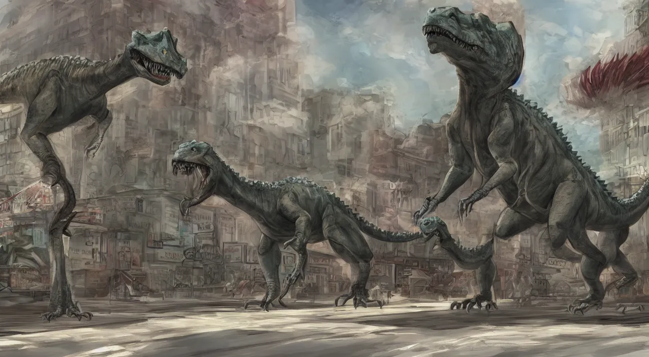 Prompt: weredinosaur changes form on busy sidewalk , concept art, cinematic