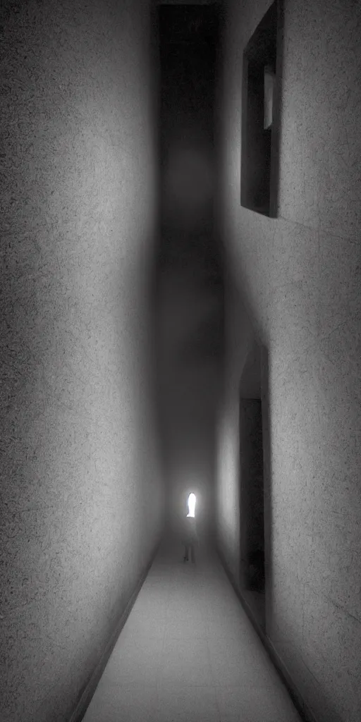 Image similar to a wretched figure at the end of a long hallway reaches out from the darkness, backlit, moonlight,