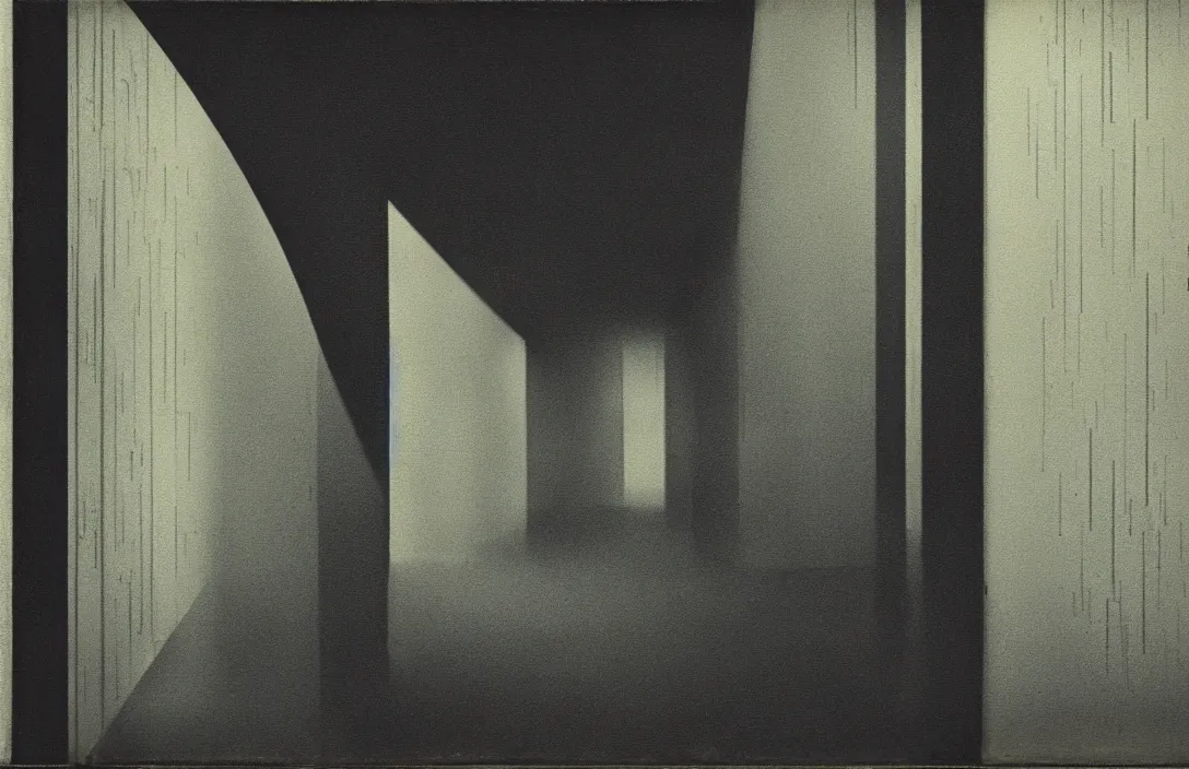 Image similar to the curve of a line can convey energy intact flawless ambrotype from 4 k criterion collection remastered cinematography gory horror film, ominous lighting, evil theme wow photo realistic postprocessing symbolic work of art there are several color links throughout the painting. building by mies van der rohe