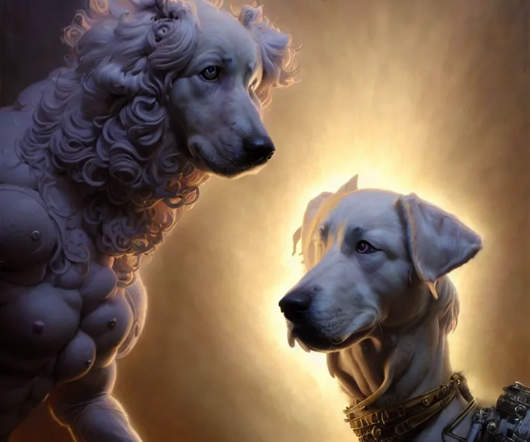 Image similar to beautiful fantasy character portrait of a maremma dog ultra realistic, dramatic lighting, the fifth element artifacts, highly detailed by peter mohrbacher, hajime sorayama, wayne barlowe, boris vallejo, aaron horkey, gaston bussiere, craig mullins