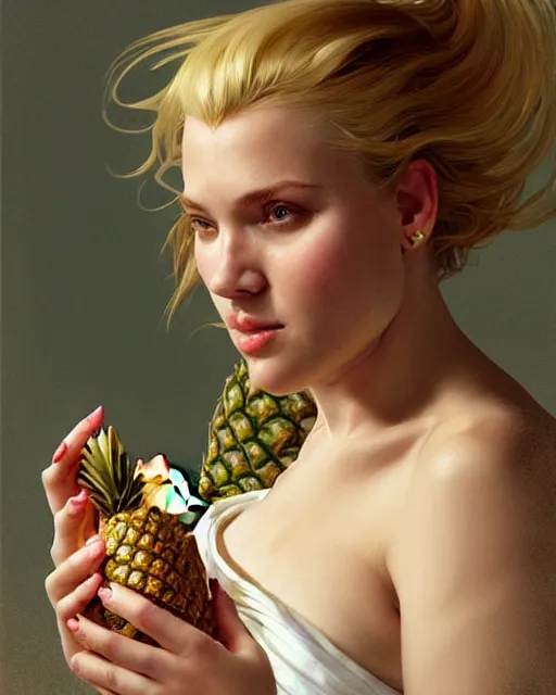 Prompt: Portrait of a fat drunk blond woman eating a pineapple dessert,real life skin, intricate, elegant, highly detailed, artstation, concept art, smooth, sharp focus, art by artgerm and greg rutkowski and alphonse mucha