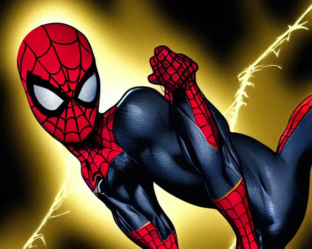 Image similar to photorealistic sketch of black spider - man with gold webbing