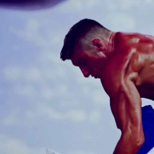 Prompt: movie still of cristiano ronaldo as ivan drago in rocky 4, training montage, cinematic, uhd, 8k,