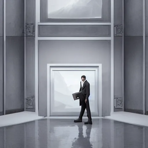 Image similar to a man in a suit holding a briefcase coming out of an door that has an white room in it, Matte painting , detailed painting, greg rutkowski