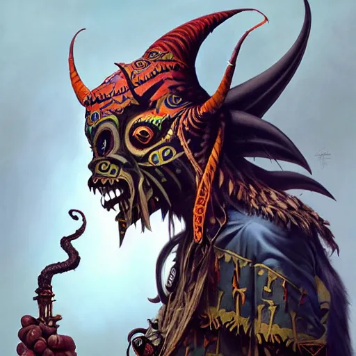 Image similar to side profile of barong family member, wiwek, mara demon, one single tribe member, jungle, one single mask, dark, voodoo, witch doctor, tribal, inner glow, paint by peter mohrbacher